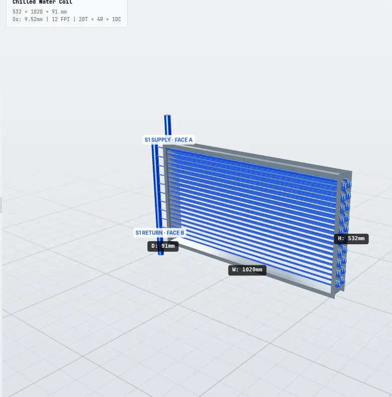 3D model of a chilled water coil with supply and return headers generated by ExCoil