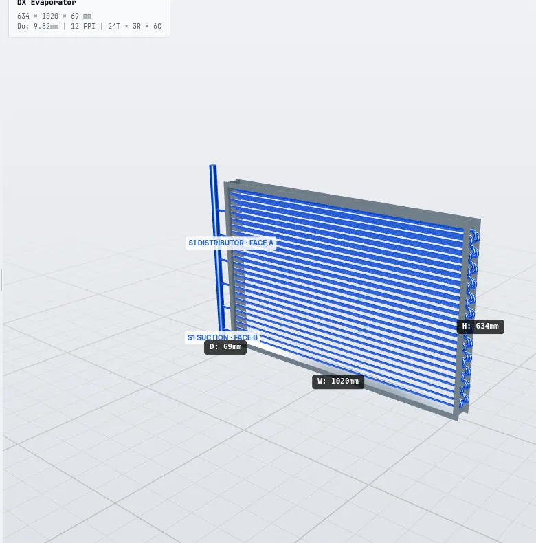 3D model of a DX evaporator coil with distributor and suction header generated by ExCoil
